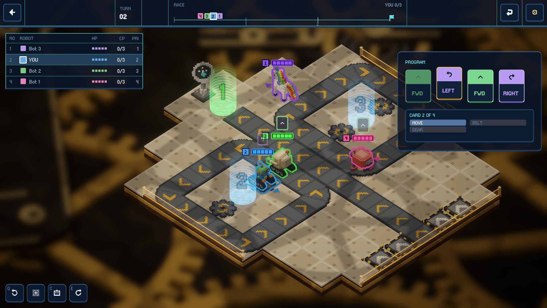 Robots on a test board, one hit by a laser