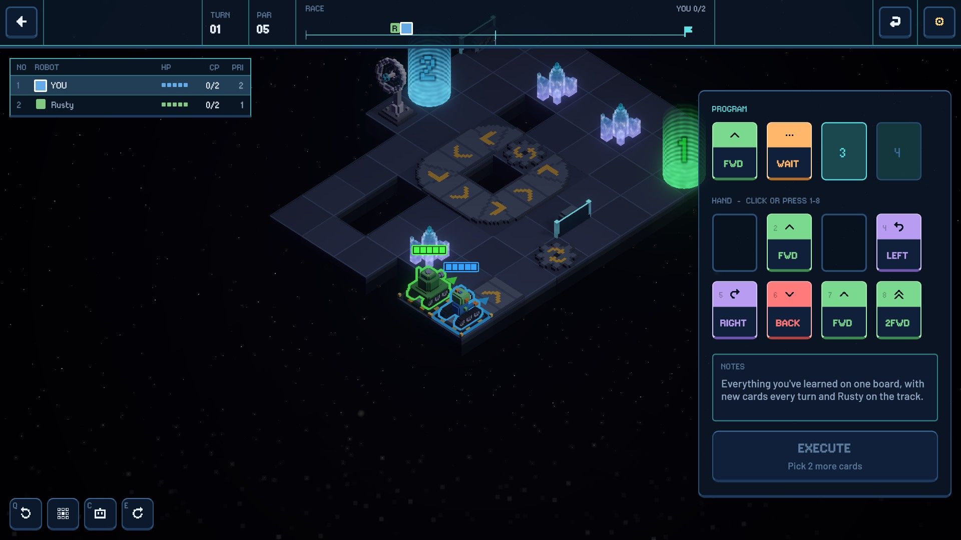 Planning a turn: four program slots over a hand of move cards