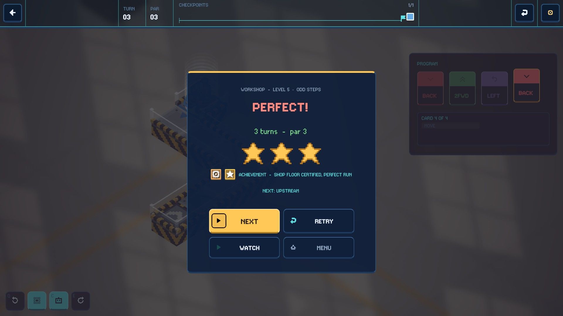 The results screen with three stars for a perfect run